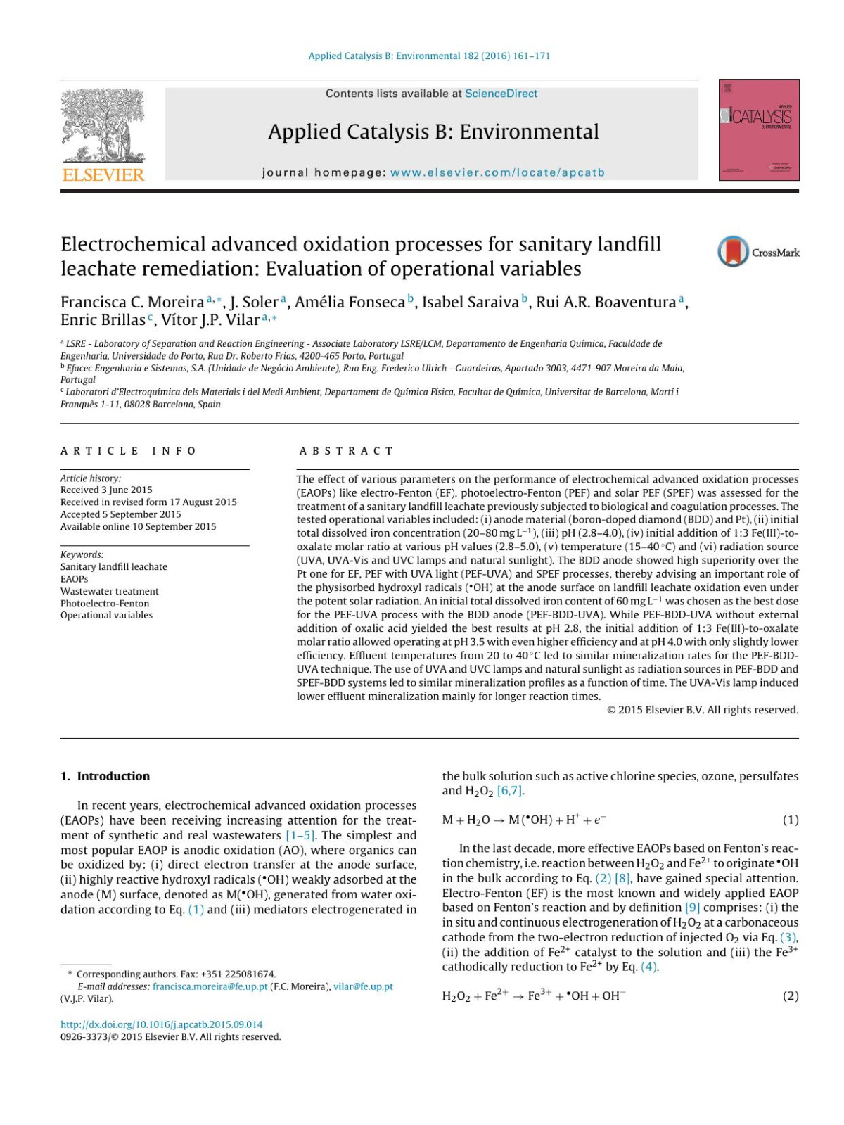 Electrochemical Advanced Oxidation Processes For Sanitary Landfill Leachate Remediation Evaluation Of Operational Variables Francisca C Moreira J Soler Amlia Fonseca Isabel Saraiva Rui Ar Boaventura Enric Brillas Vtor Jp Vilar