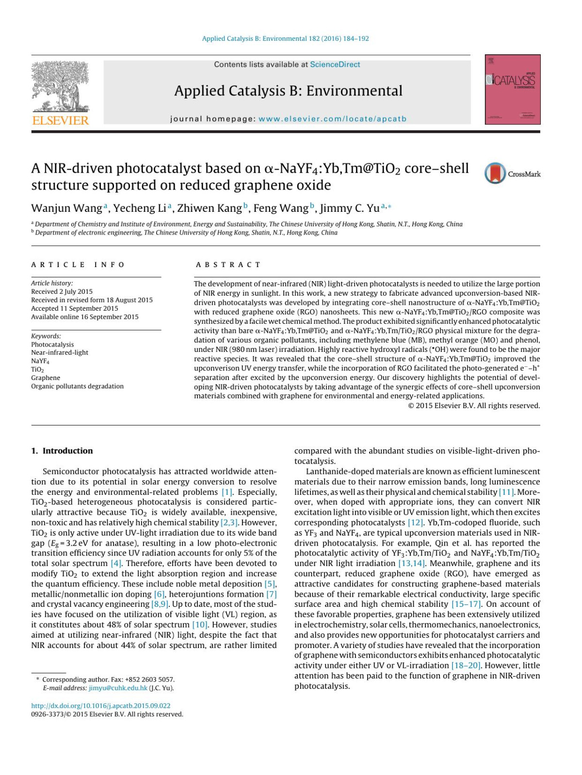 A Nirdriven Photocatalyst Based On Nayf4ybtmtio2 Coreshell Structure Supported On Reduced Graphene Oxide Wanjun Wang Yecheng Li Zhiwen Kang Feng Wang Jimmy C Yu