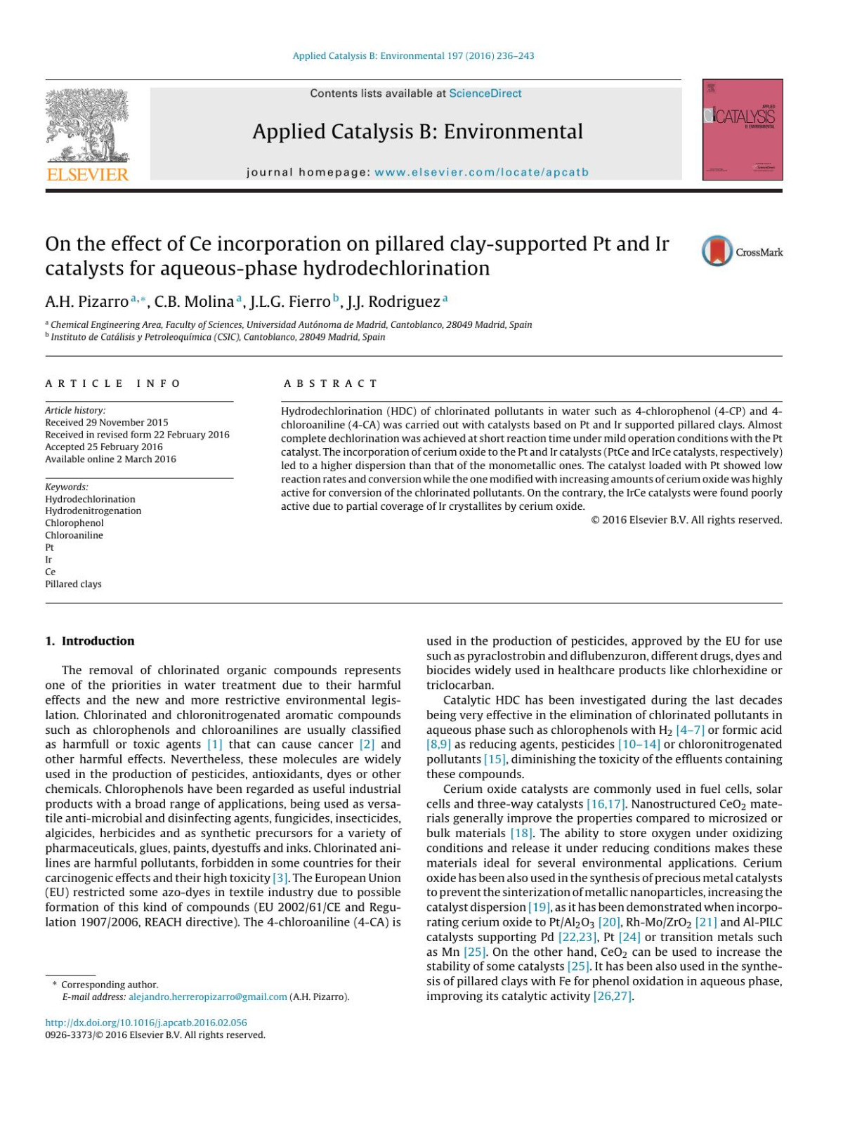 On The Effect Of Ce Incorporation On Pillared Claysupported Pt And Ir Catalysts For Aqueousphase Hydrodechlorination Ah Pizarro Cb Molina Jlg Fierro Jj Rodriguez