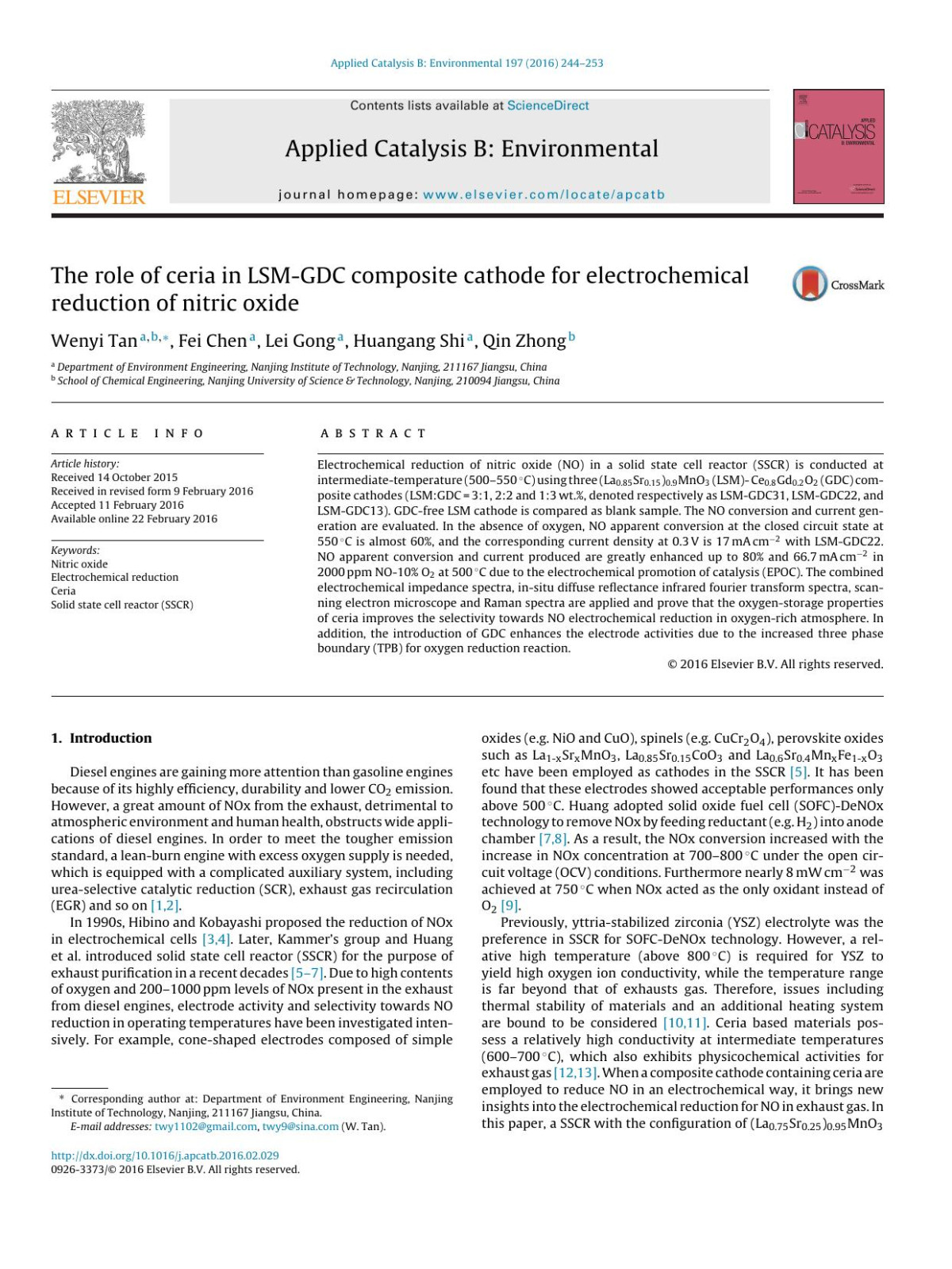 The Role Of Ceria In Lsmgdc Composite Cathode For Electrochemical Reduction Of Nitric Oxide Wenyi Tan Fei Chen Lei Gong Huangang Shi Qin Zhong