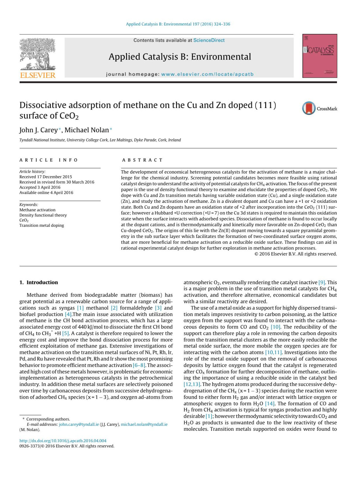 Dissociative Adsorption Of Methane On The Cu And Zn Doped 111 Surface Of Ceo2 John J Carey Michael Nolan