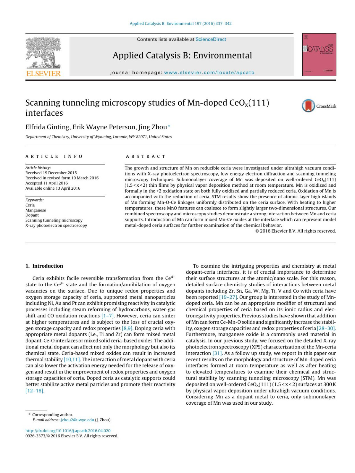 Scanning Tunneling Microscopy Studies Of Mndoped Ceox111 Interfaces Elfrida Ginting Erik Wayne Peterson Jing Zhou
