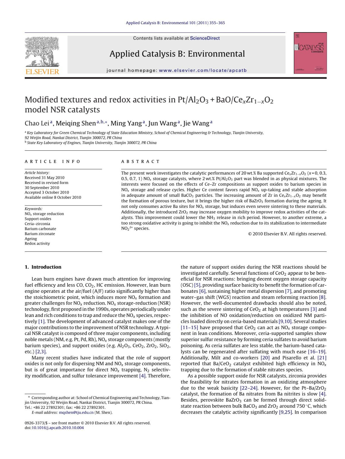 Modified Textures And Redox Activities In Ptal2o3baocexzr1xo2 Model Nsr Catalysts Chao Lei