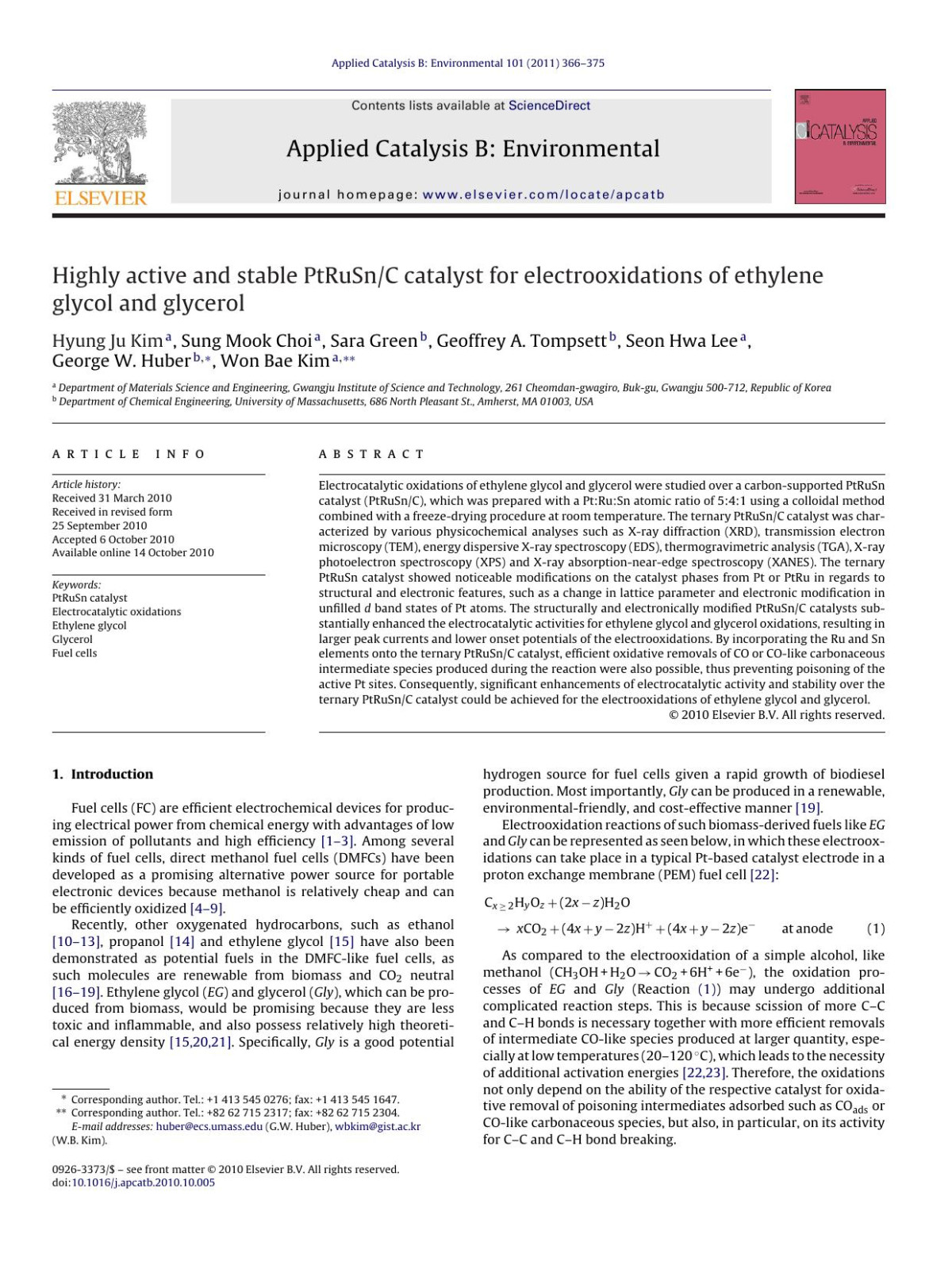 Highly Active And Stable Ptrusnc Catalyst For Electrooxidations Of Ethylene Glycol And Glycerol Hyung Ju Kim