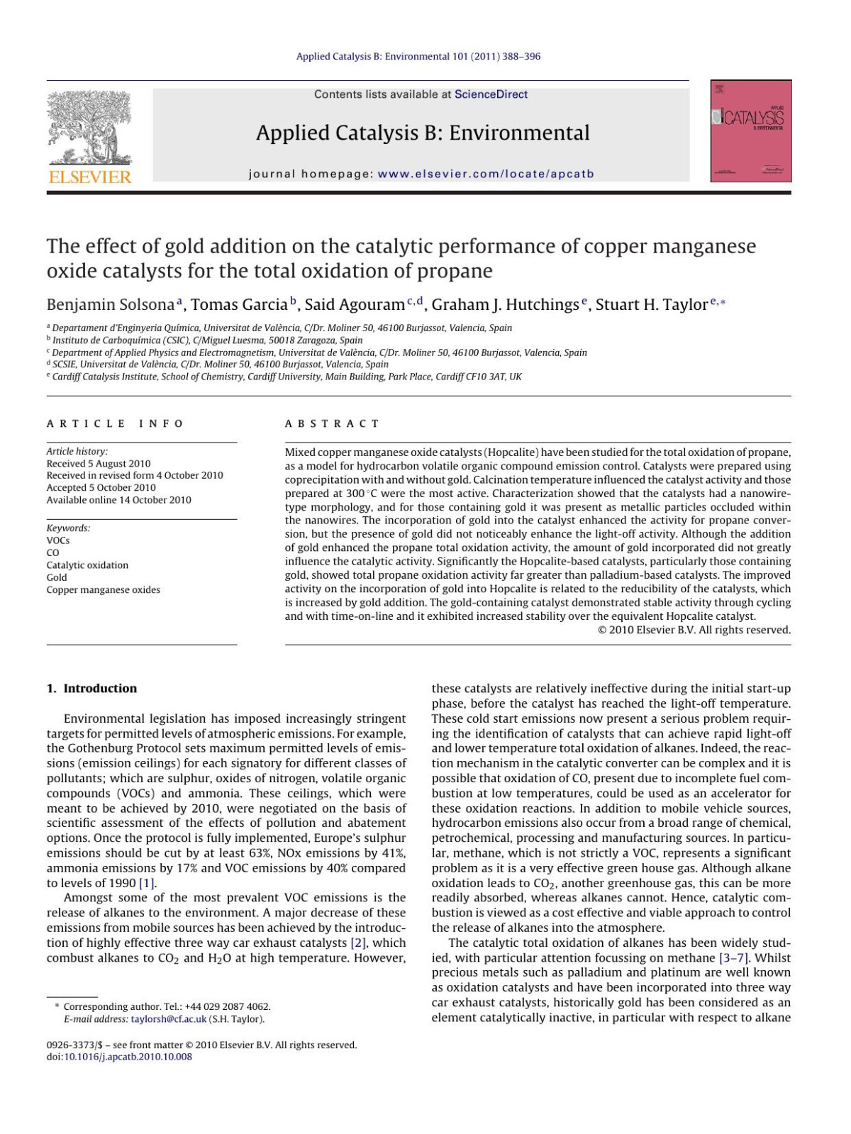 The Effect Of Gold Addition On The Catalytic Performance Of Copper Manganese Oxide Catalysts For The Total Oxidation Of Propane Benjamin Solsona