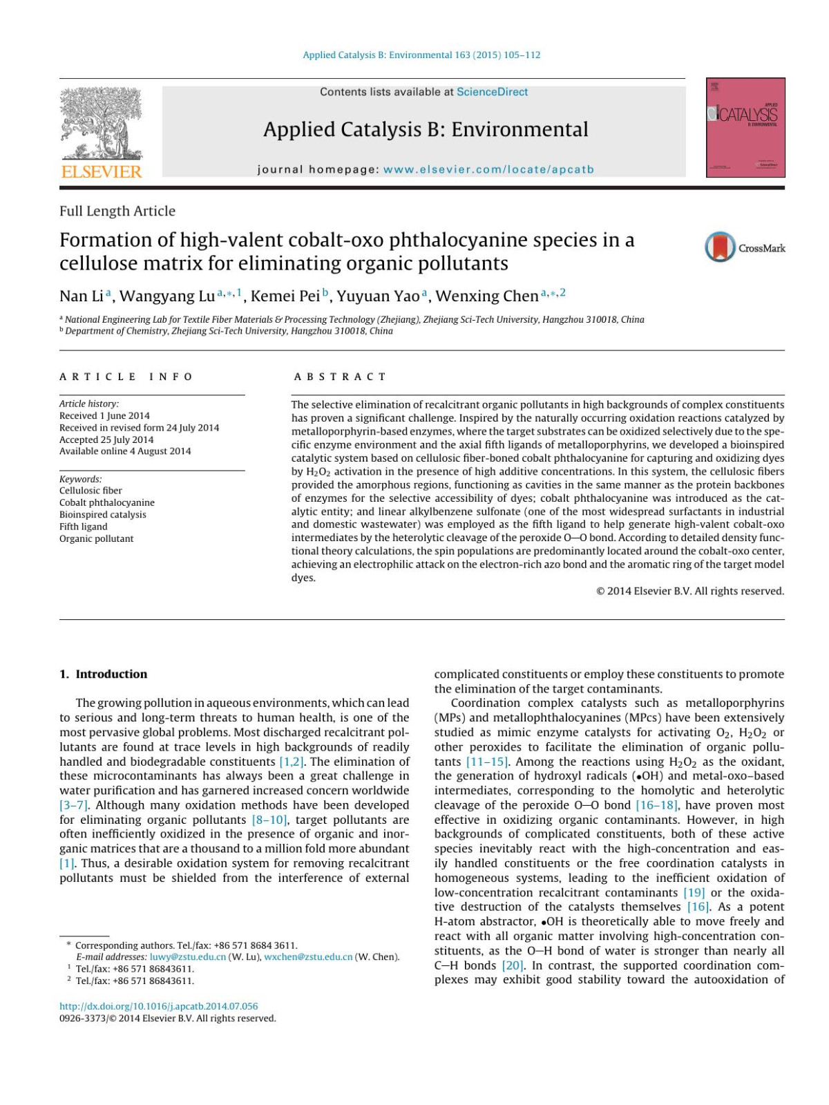 Formation Of Highvalent Cobaltoxo Phthalocyanine Species In A Cellulose Matrix For Eliminating Organic Pollutants Nan Li Wangyang Lu Kemei Pei Yuyuan Yao Wenxing Chen
