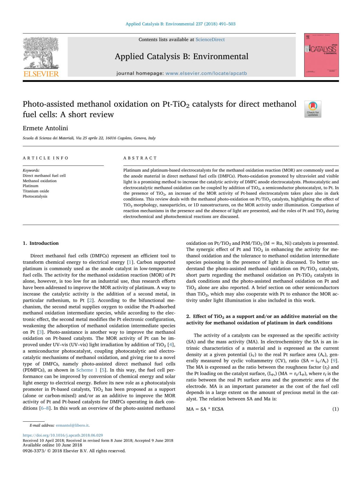 Photoassisted Methanol Oxidation On Pttio2 Catalysts For Direct Methanol Fuel Cells A Short Review Ermete Antolini