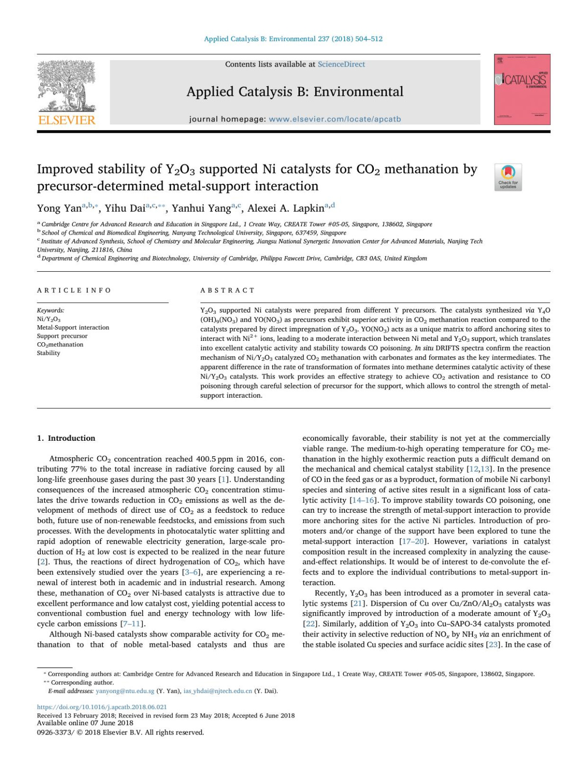 Improved Stability Of Y2o3 Supported Ni Catalysts For Co2 Methanation By Precursordetermined Metalsupport Interaction Yong Yan Yihu Dai Yanhui Yang Alexei A Lapkin