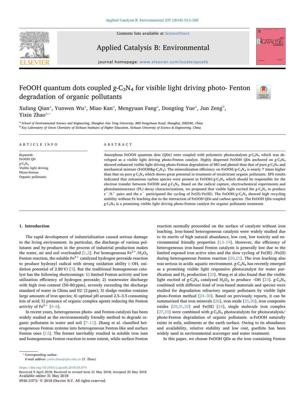 Feooh Quantum Dots Coupled Gc3n4 For Visible Light Driving Photo Fenton Degradation Of Organic Pollutants Xufang Qian Yunwen Wu Miao Kan Mengyuan Fang Dongting Yue Jun Zeng Yixin Zhao