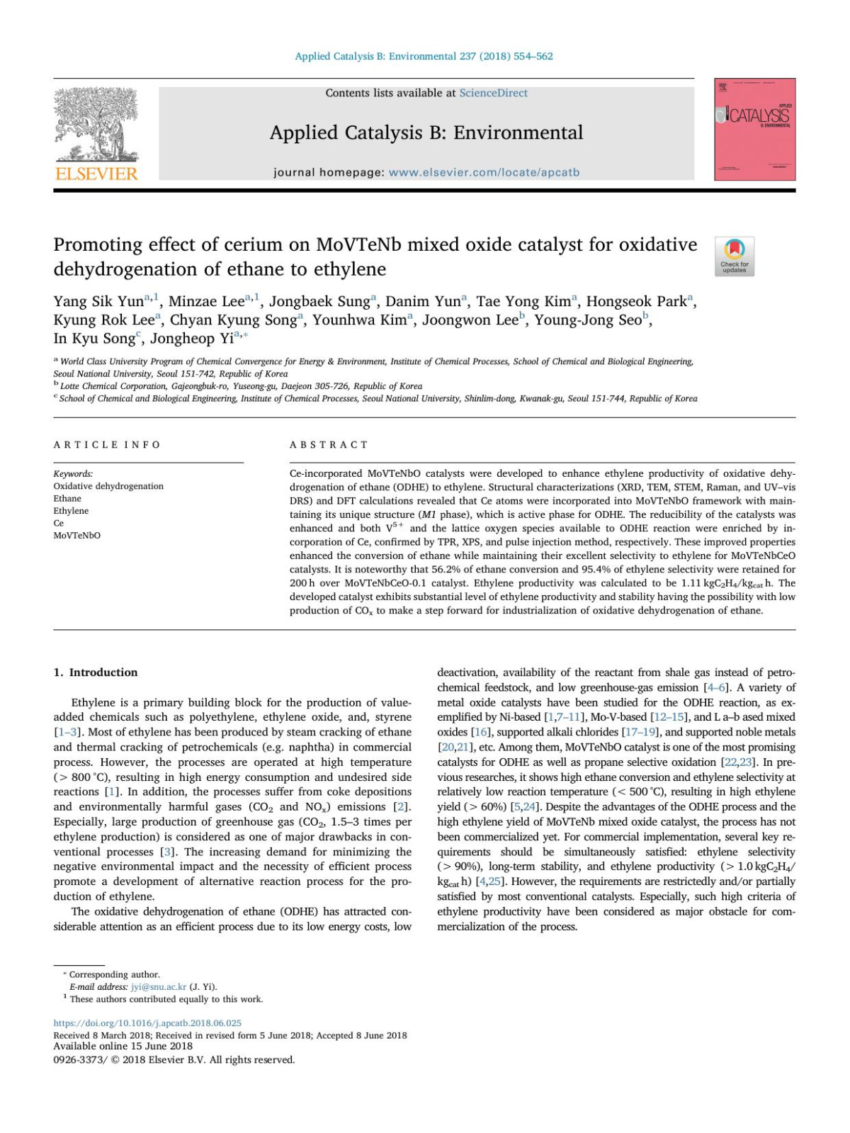 Promoting Effect Of Cerium On Movtenb Mixed Oxide Catalyst For Oxidative Dehydrogenation Of Ethane To Ethylene Yang Sik Yun Minzae Lee Jongbaek Sung Danim Yun Tae Yong Kim Hongseok Park Kyung Rok Lee Chyan Kyung Song Younhwa Kim Joongwon Lee Youngjong Seo In Kyu Song Jongheop Yi