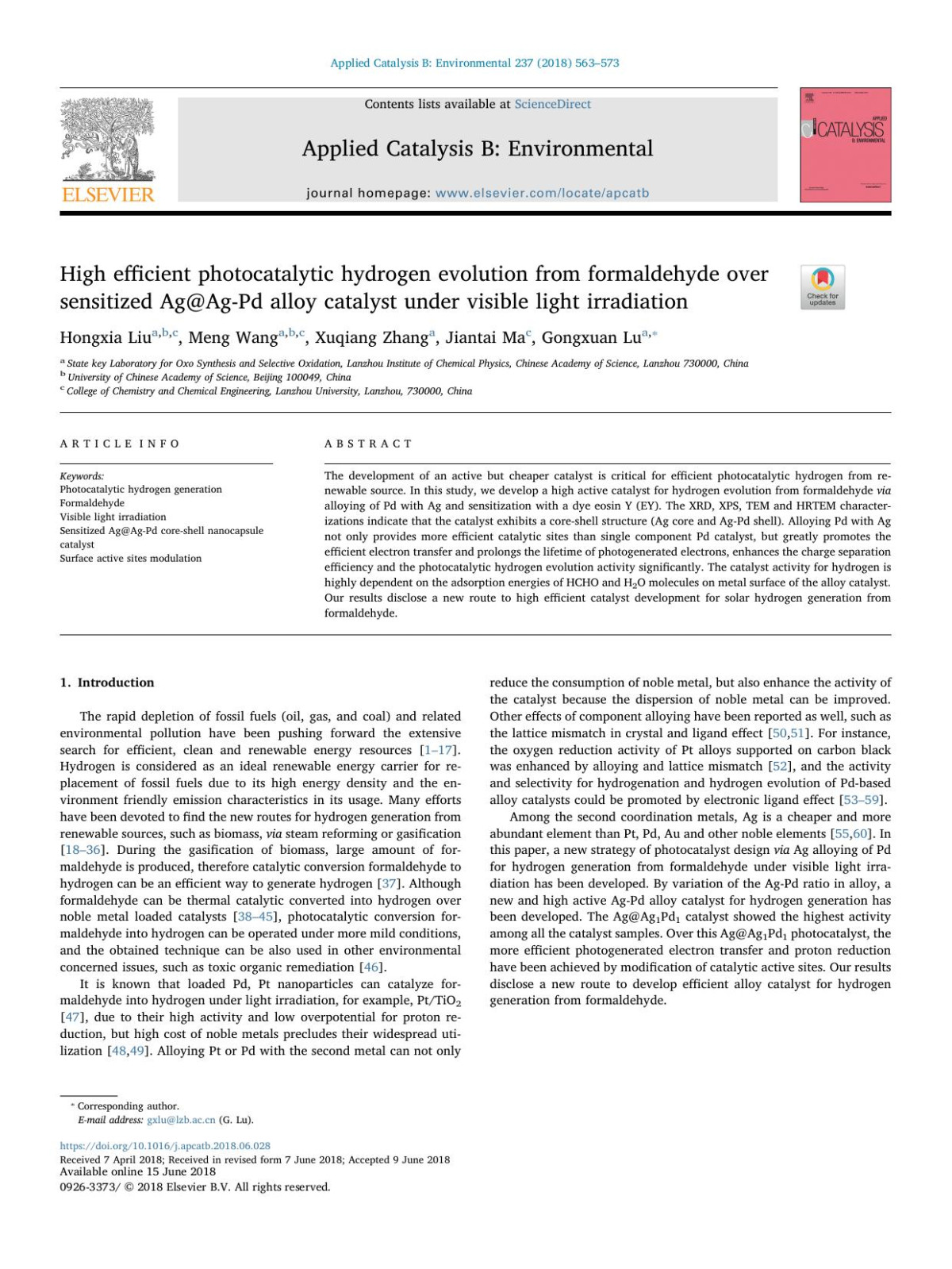 High Efficient Photocatalytic Hydrogen Evolution From Formaldehyde Over Sensitized Agagpd Alloy Catalyst Under Visible Light Irradiation Hongxia Liu Meng Wang Xuqiang Zhang Jiantai Ma Gongxuan Lu
