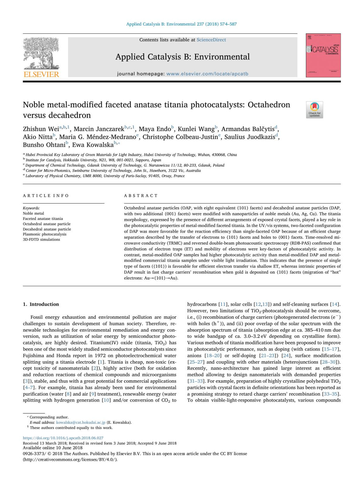 Noble Metalmodified Faceted Anatase Titania Photocatalysts Octahedron Versus Decahedron Zhishun Wei Marcin Janczarek Maya Endo Kunlei Wang Armandas Balytis Akio Nitta Maria G Mndezmedrano Christophe Colbeaujustin Saulius Juodkazis Bunsho Ohtani Ewa Kowalska