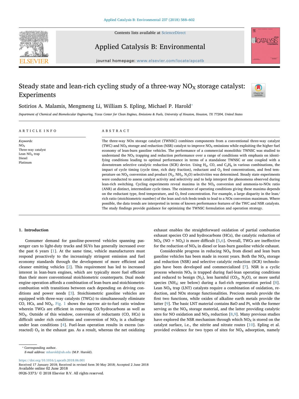 Steady State And Leanrich Cycling Study Of A Threeway Nox Storage Catalyst Experiments Sotirios A Malamis Mengmeng Li William S Epling Michael P Harold