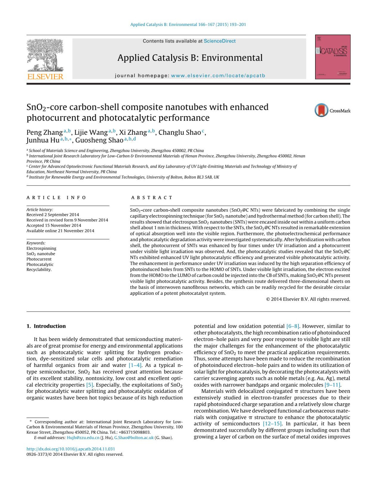 Sno2core Carbonshell Composite Nanotubes With Enhanced Photocurrent And Photocatalytic Performance Peng Zhang Lijie Wang Xi Zhang Changlu Shao Junhua Hu Guosheng Shao