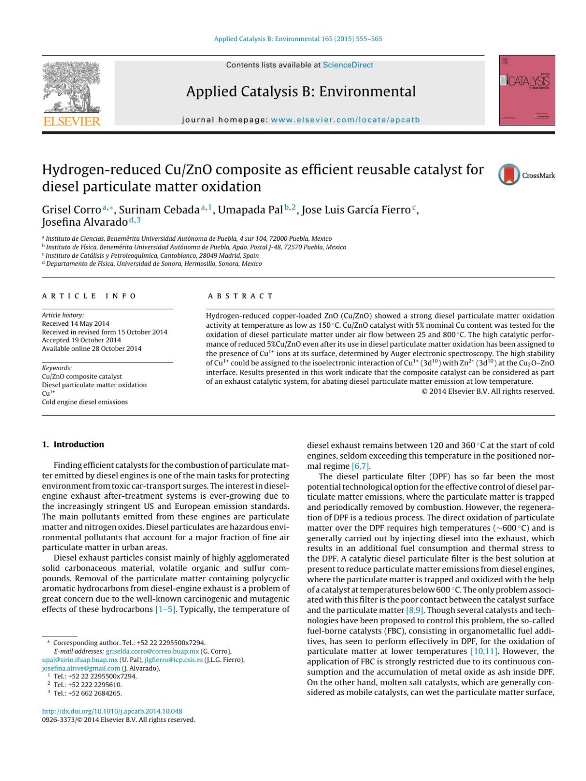 Hydrogenreduced Cuzno Composite As Efficient Reusable Catalyst For Diesel Particulate Matter Oxidation Grisel Corro Surinam Cebada Umapada Pal Jose Luis Garca Fierro Josefina Alvarado