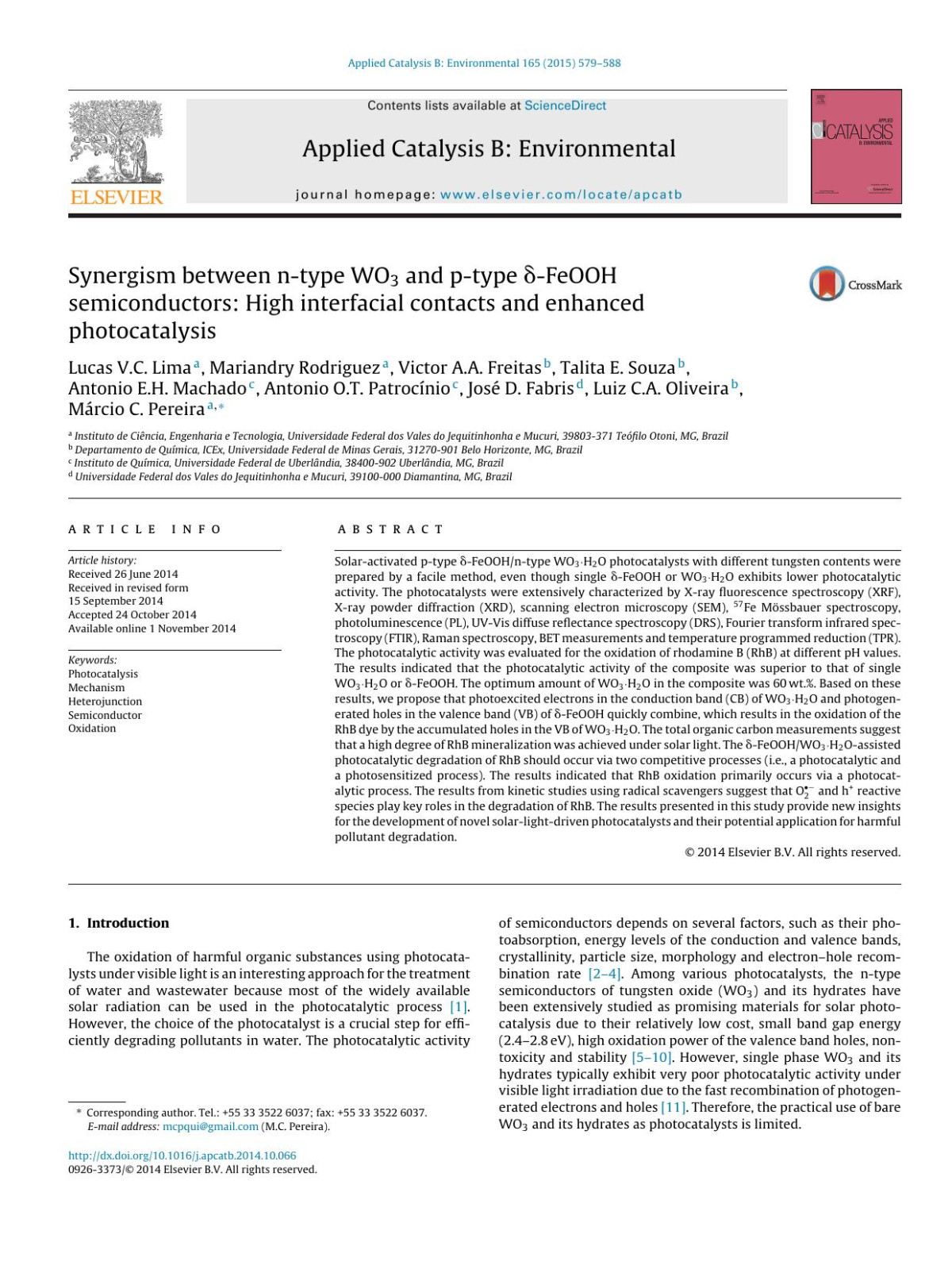 Synergism Between Ntype Wo3 And Ptype Feooh Semiconductors High Interfacial Contacts And Enhanced Photocatalysis Lucas Vc Lima Mariandry Rodriguez Victor Aa Freitas Talita E Souza Antonio Eh Machado Antonio Ot Patrocnio Jos D Fabris Luiz Ca Oliveira Mrcio C Pereira