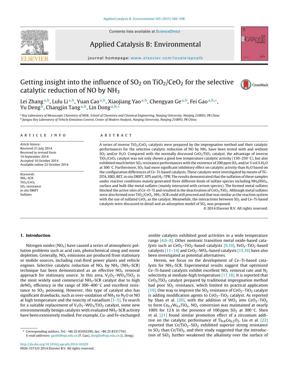 Getting Insight Into The Influence Of So2 On Tio2ceo2 For The Selective Catalytic Reduction Of No By Nh3 Lei Zhang Lulu Li Yuan Cao Xiaojiang Yao Chengyan Ge Fei Gao Yu Deng Changjin Tang Lin Dong