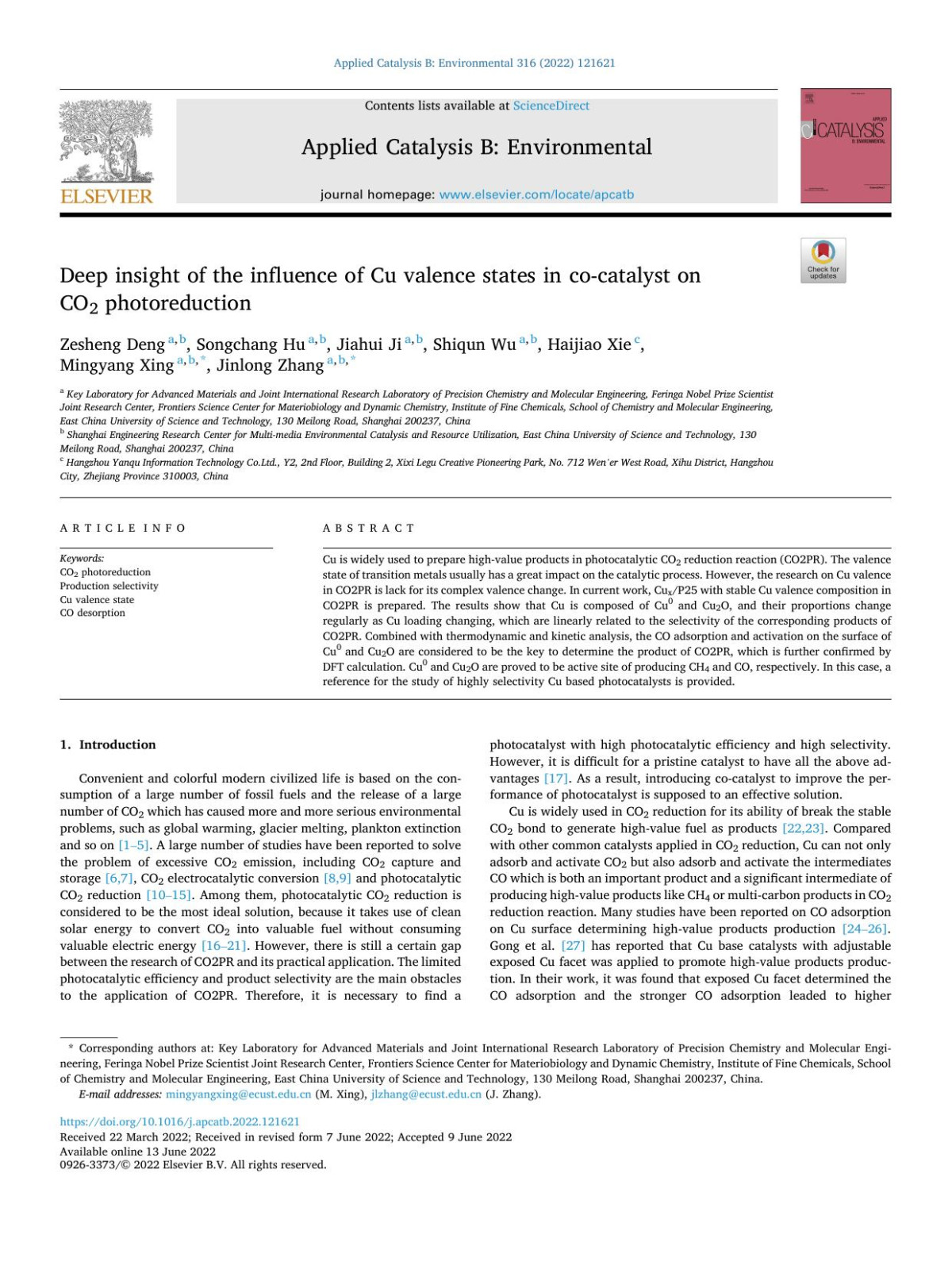 Deep Insight Of The Influence Of Cu Valence States In Cocatalyst On Co2 Photoreduction Zesheng Deng