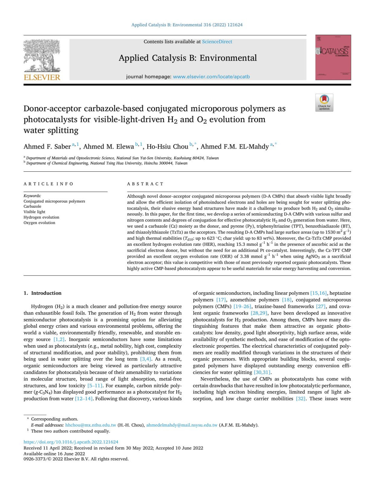 Donoracceptor Carbazolebased Conjugated Microporous Polymers As Photocatalysts For Visiblelightdriven H2 And O2 Evolution From Water Splitting Ahmed F Saber