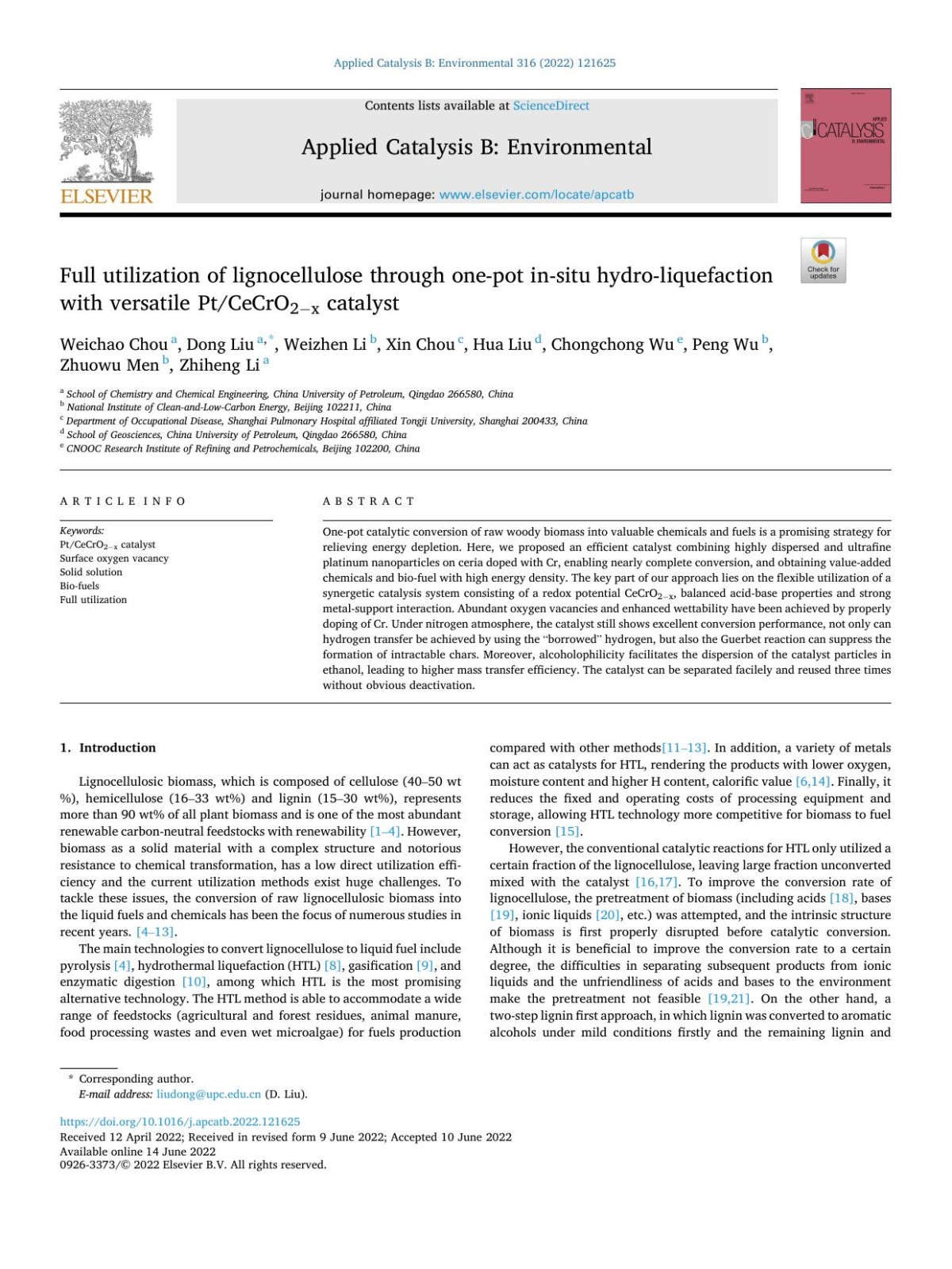 Full Utilization Of Lignocellulose Through Onepot Insitu Hydroliquefaction With Versatile Ptcecro2x Catalyst Weichao Chou