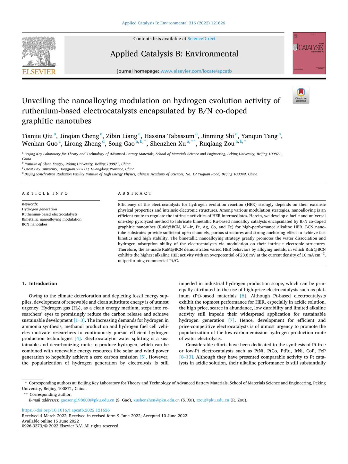 Unveiling The Nanoalloying Modulation On Hydrogen Evolution Activity Of Rutheniumbased Electrocatalysts Encapsulated By Bn Codoped Graphitic Nanotubes Tianjie Qiu