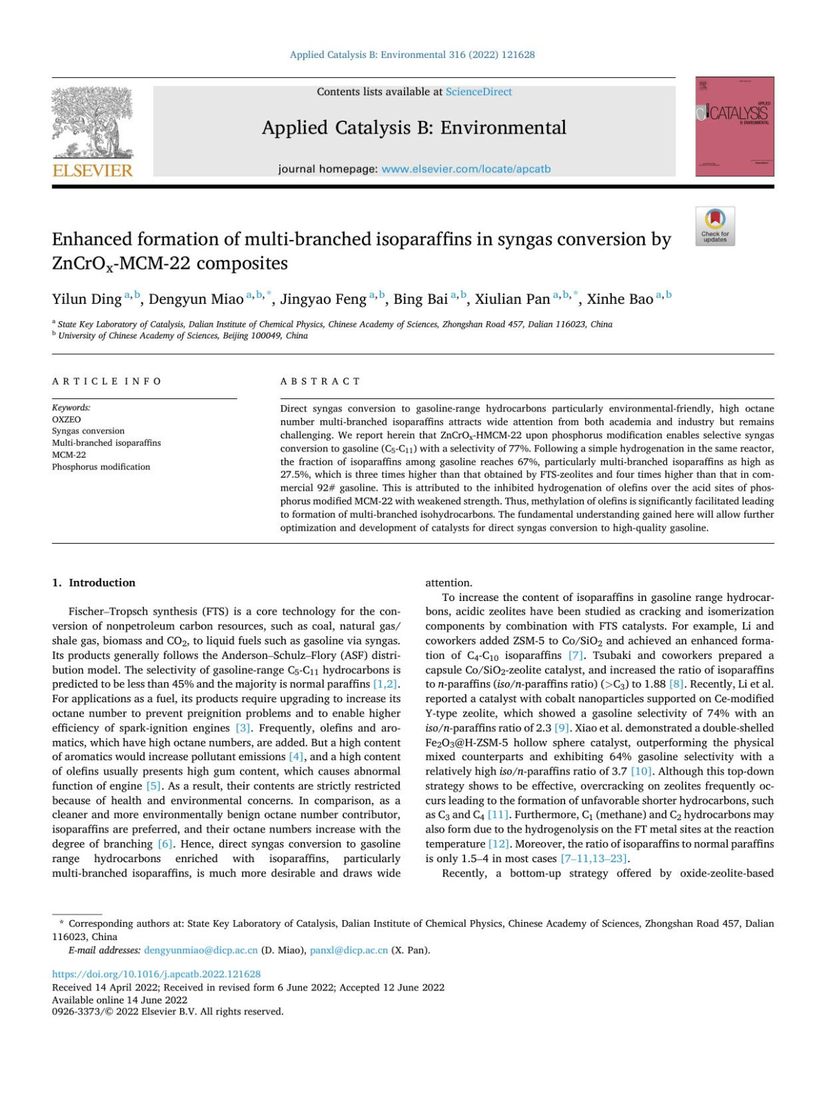 Enhanced Formation Of Multibranched Isoparaffins In Syngas Conversion By Zncroxmcm22 Composites Yilun Ding