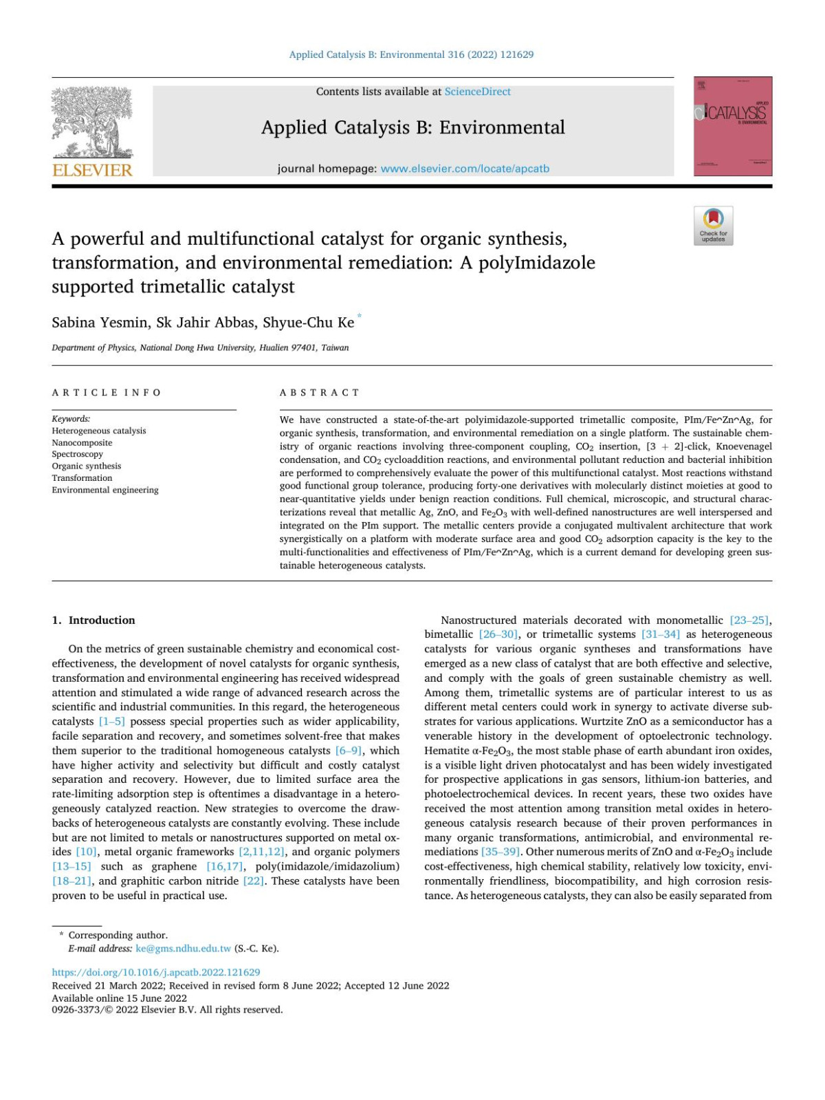 A Powerful And Multifunctional Catalyst For Organic Synthesis Transformation And Environmental Remediation A Polyimidazole Supported Trimetallic Catalyst Sabina Yesmin