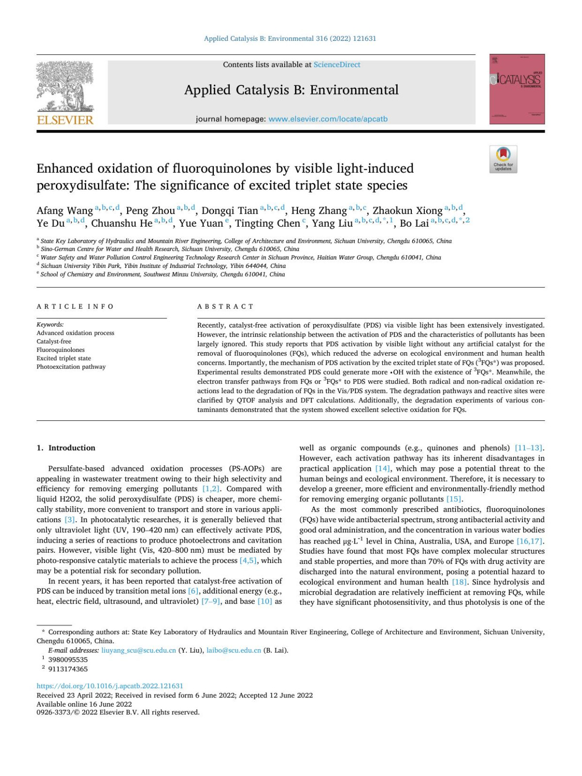 Enhanced Oxidation Of Fluoroquinolones By Visible Lightinduced Peroxydisulfate The Significance Of Excited Triplet State Species Afang Wang