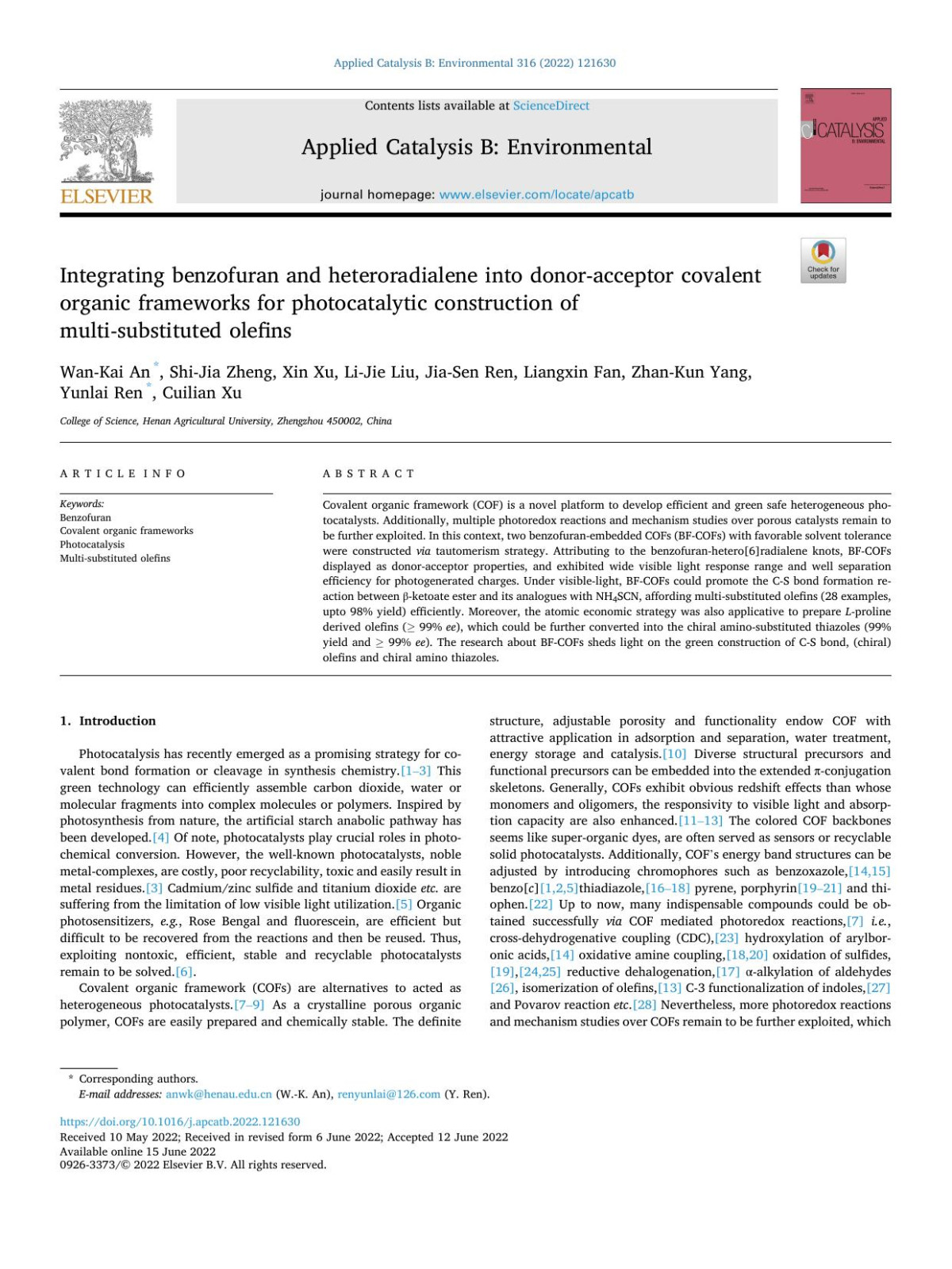 Integrating Benzofuran And Heteroradialene Into Donoracceptor Covalent Organic Frameworks For Photocatalytic Construction Of Multisubstituted Olefins Wankai An