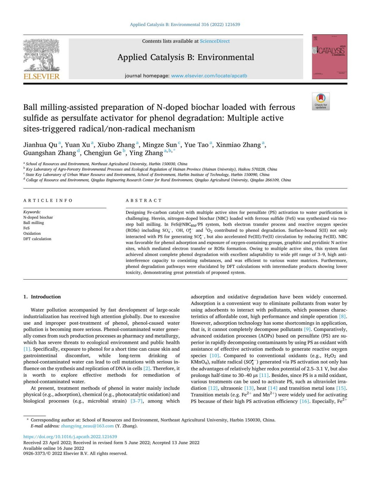 Ball Millingassisted Preparation Of Ndoped Biochar Loaded With Ferrous Sulfide As Persulfate Activator For Phenol Degradation Multiple Active Sitestriggered Radicalnonradical Mechanism Jianhua Qu