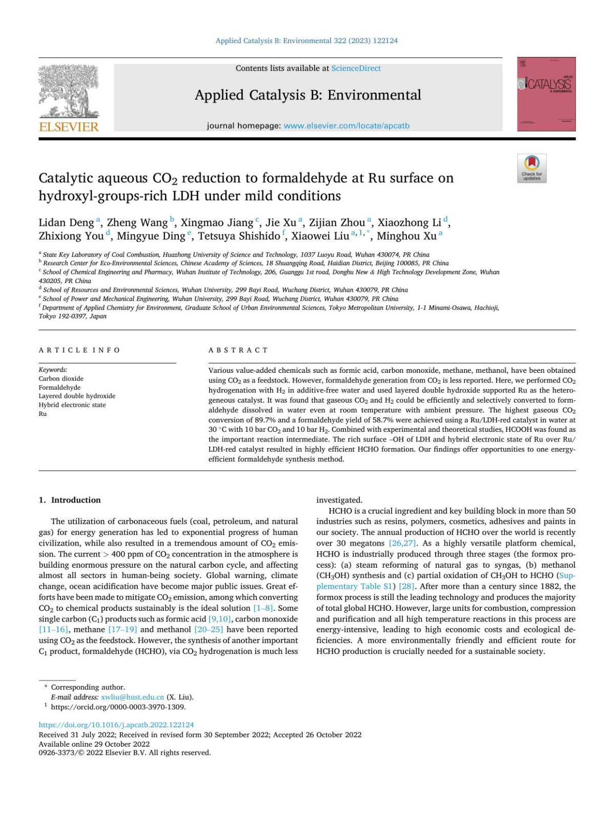 Catalytic Aqueous Co2 Reduction To Formaldehyde At Ru Surface On Hydroxylgroupsrich Ldh Under Mild Conditions Lidan Deng