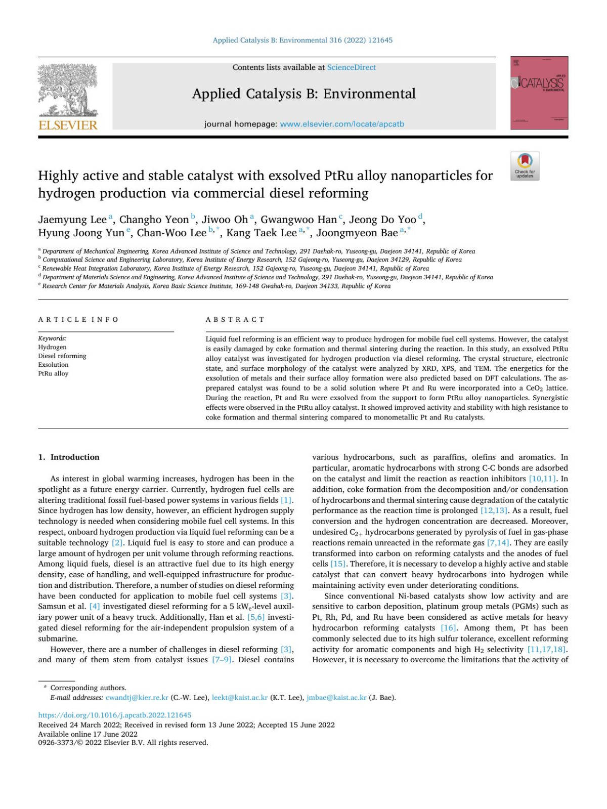 Highly Active And Stable Catalyst With Exsolved Ptru Alloy Nanoparticles For Hydrogen Production Via Commercial Diesel Reforming Jaemyung Lee
