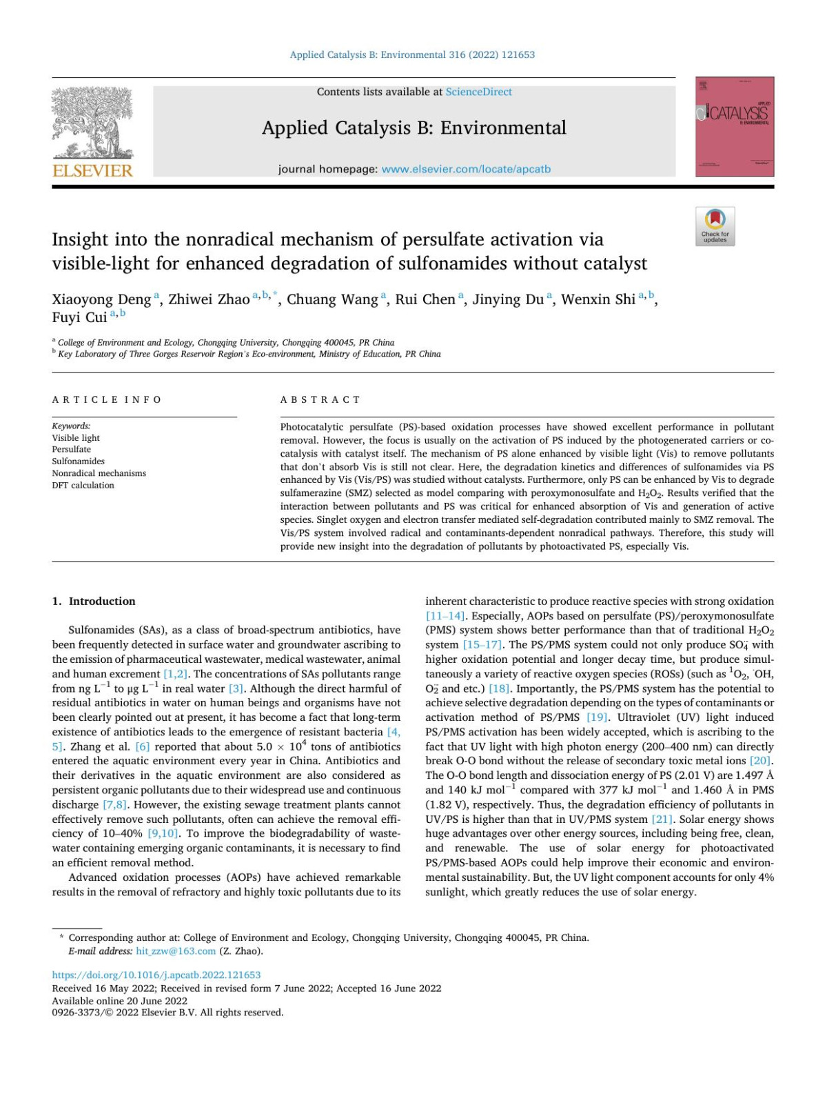 Insight Into The Nonradical Mechanism Of Persulfate Activation Via Visiblelight For Enhanced Degradation Of Sulfonamides Without Catalyst Xiaoyong Deng