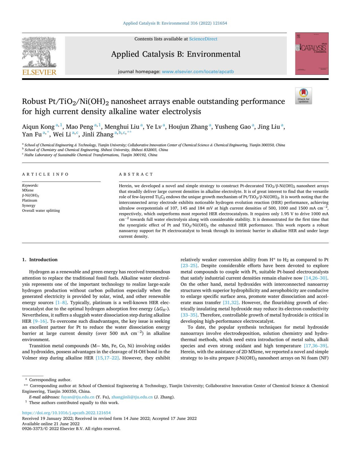 Robust Pttio2nioh2 Nanosheet Arrays Enable Outstanding Performance For High Current Density Alkaline Water Electrolysis Aiqun Kong