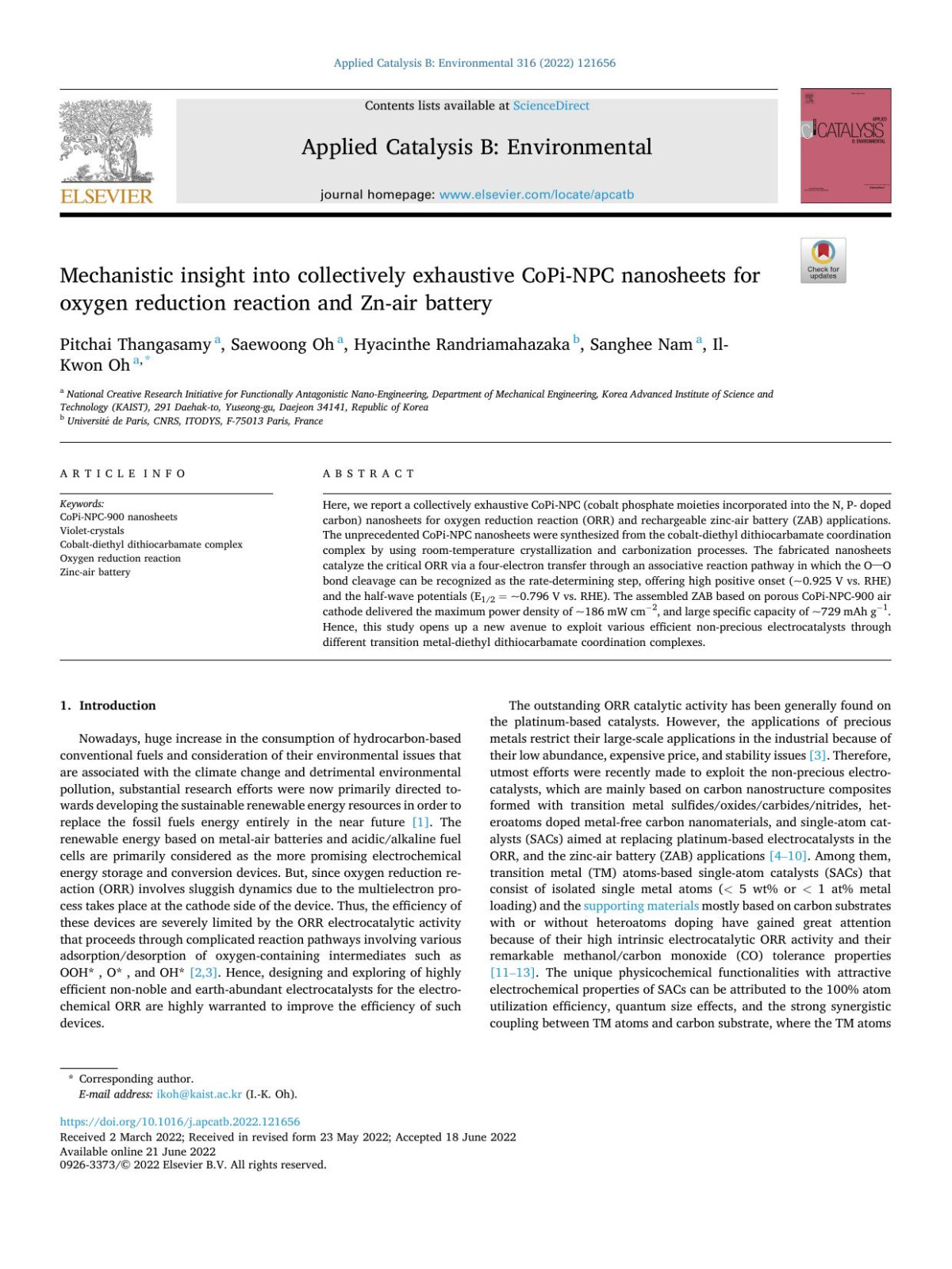 Mechanistic Insight Into Collectively Exhaustive Copinpc Nanosheets For Oxygen Reduction Reaction And Znair Battery Pitchai Thangasamy