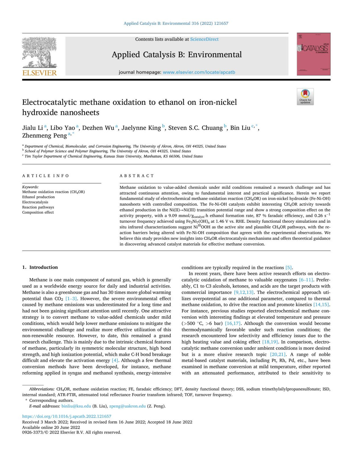 Electrocatalytic Methane Oxidation To Ethanol On Ironnickel Hydroxide Nanosheets Jialu Li