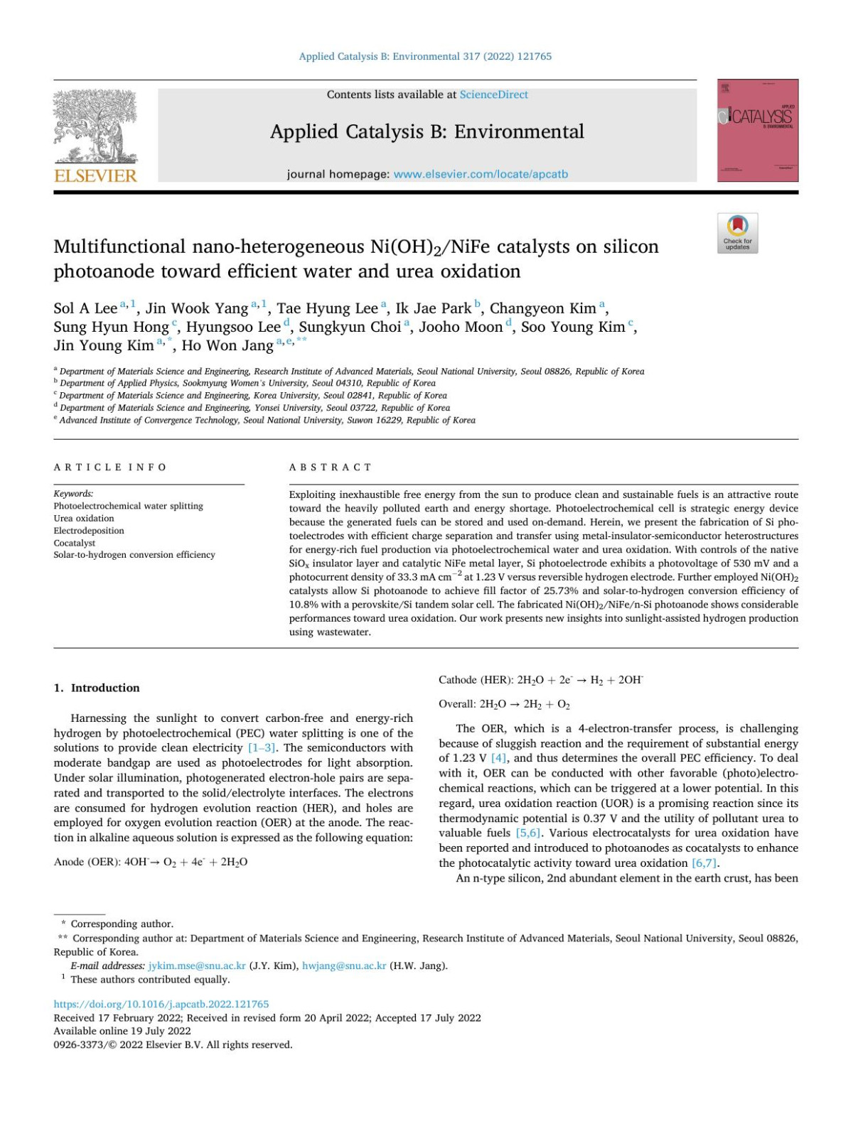 Multifunctional Nanoheterogeneous Nioh2nife Catalysts On Silicon Photoanode Toward Efficient Water And Urea Oxidation Sol A Lee