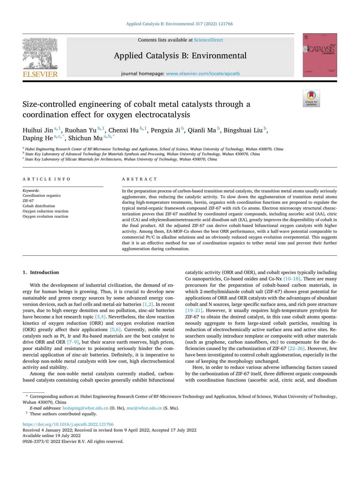 Sizecontrolled Engineering Of Cobalt Metal Catalysts Through A Coordination Effect For Oxygen Electrocatalysis Huihui Jin