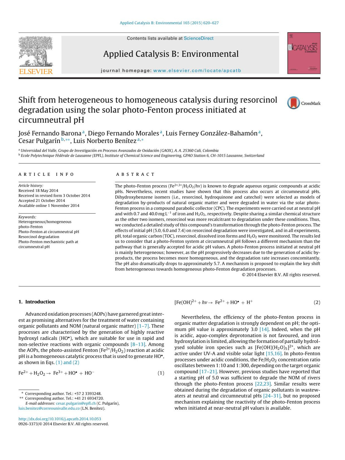 Shift From Heterogeneous To Homogeneous Catalysis During Resorcinol Degradation Using The Solar Photofenton Process Initiated At Circumneutral Ph Jos Fernando Barona Diego Fernando Morales Luis Ferney Gonzlezbahamn Cesar Pulgarn Luis Norberto Bentez