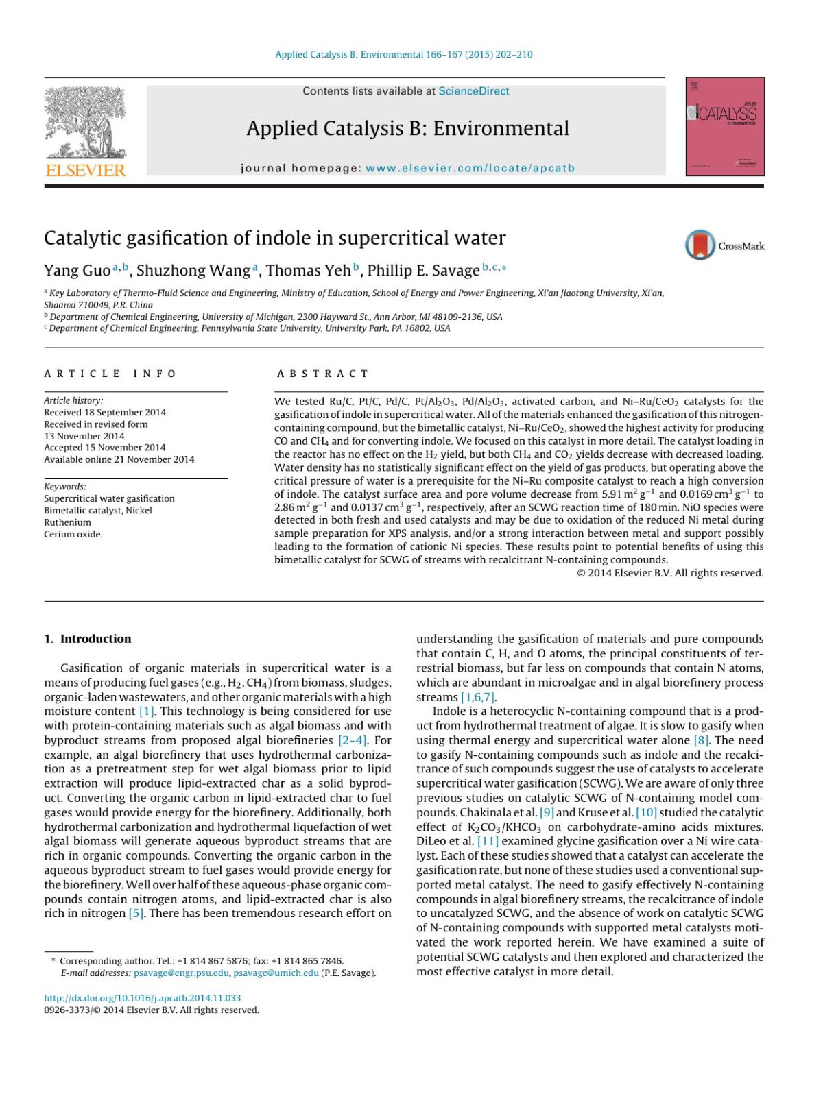 Catalytic Gasification Of Indole In Supercritical Water Yang Guo Shuzhong Wang Thomas Yeh Phillip E Savage