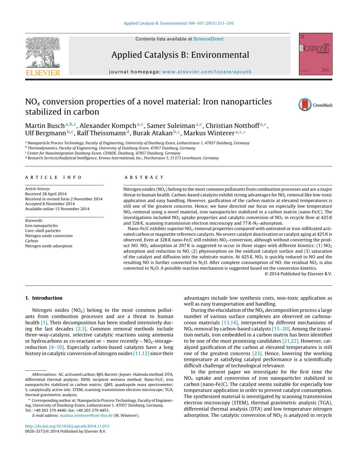 Nox Conversion Properties Of A Novel Material Iron Nanoparticles Stabilized In Carbon Martin Busch Alexander Kompch Samer Suleiman Christian Notthoff Ulf Bergmann Ralf Theissmann Burak Atakan Markus Winterer