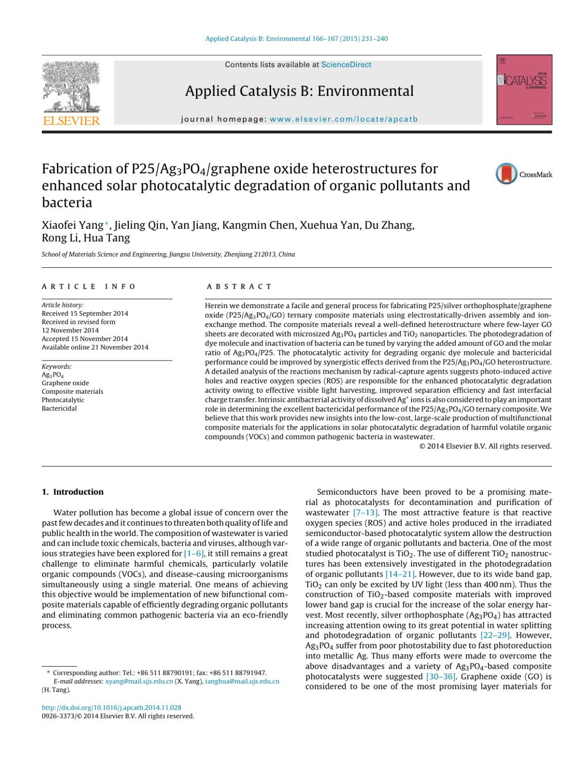 Fabrication Of P25ag3po4graphene Oxide Heterostructures For Enhanced Solar Photocatalytic Degradation Of Organic Pollutants And Bacteria Xiaofei Yang Jieling Qin Yan Jiang Kangmin Chen Xuehua Yan Du Zhang Rong Li Hua Tang