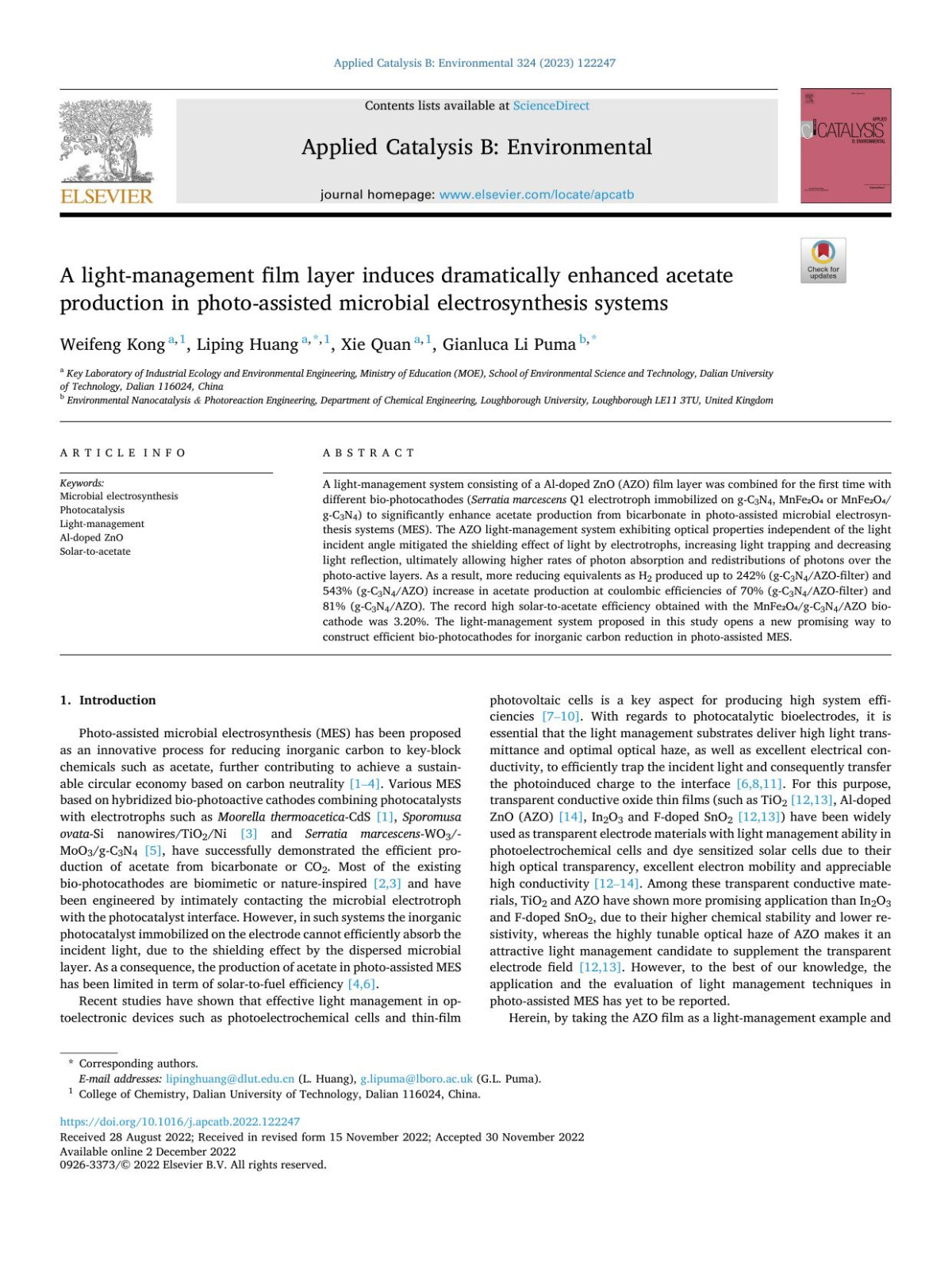A Lightmanagement Film Layer Induces Dramatically Enhanced Acetate Production In Photoassisted Microbial Electrosynthesis Systems Weifeng Kong