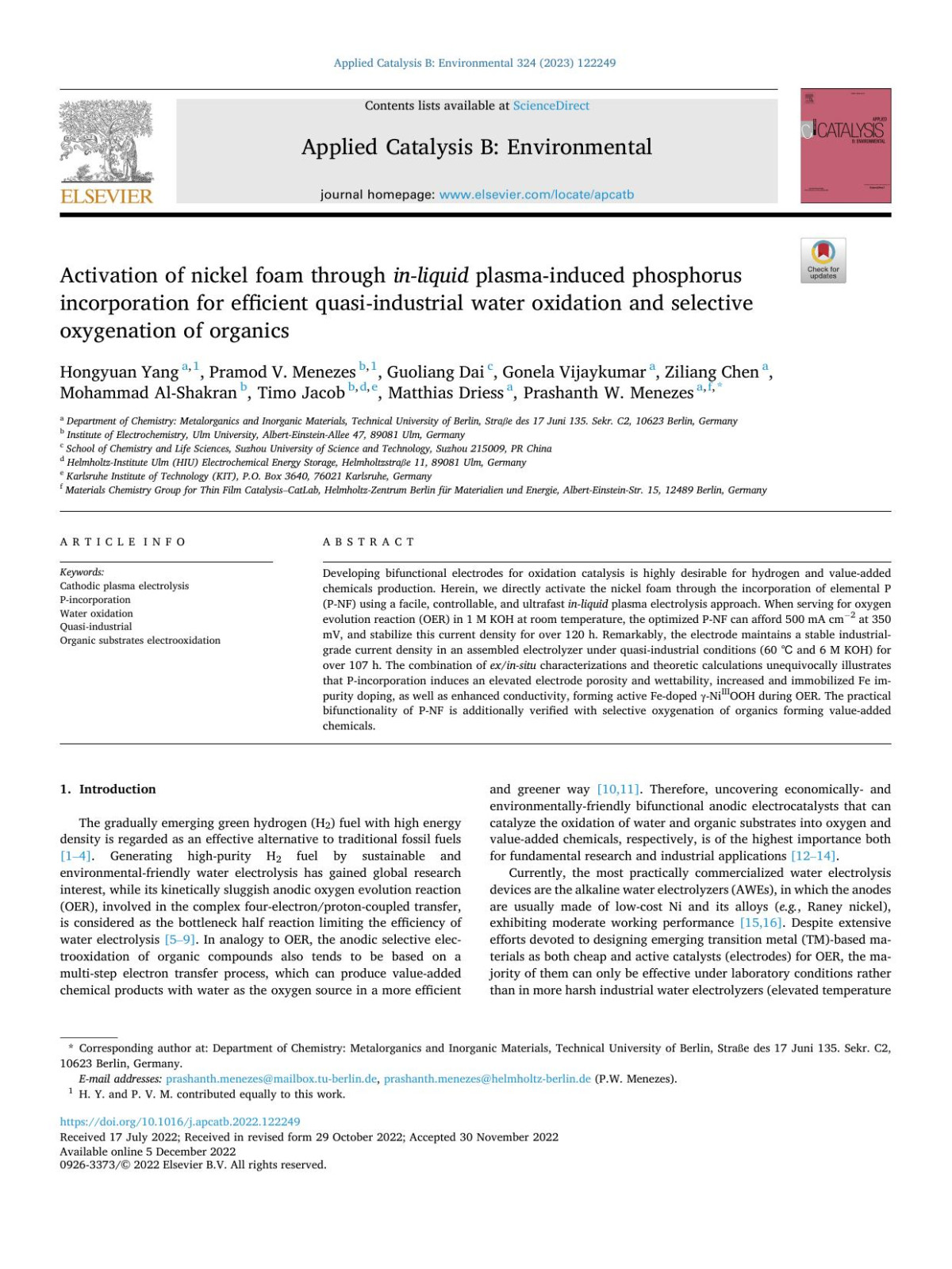 Activation Of Nickel Foam Through Inliquid Plasmainduced Phosphorus Incorporation For Efficient Quasiindustrial Water Oxidation And Selective Oxygenation Of Organics Hongyuan Yang