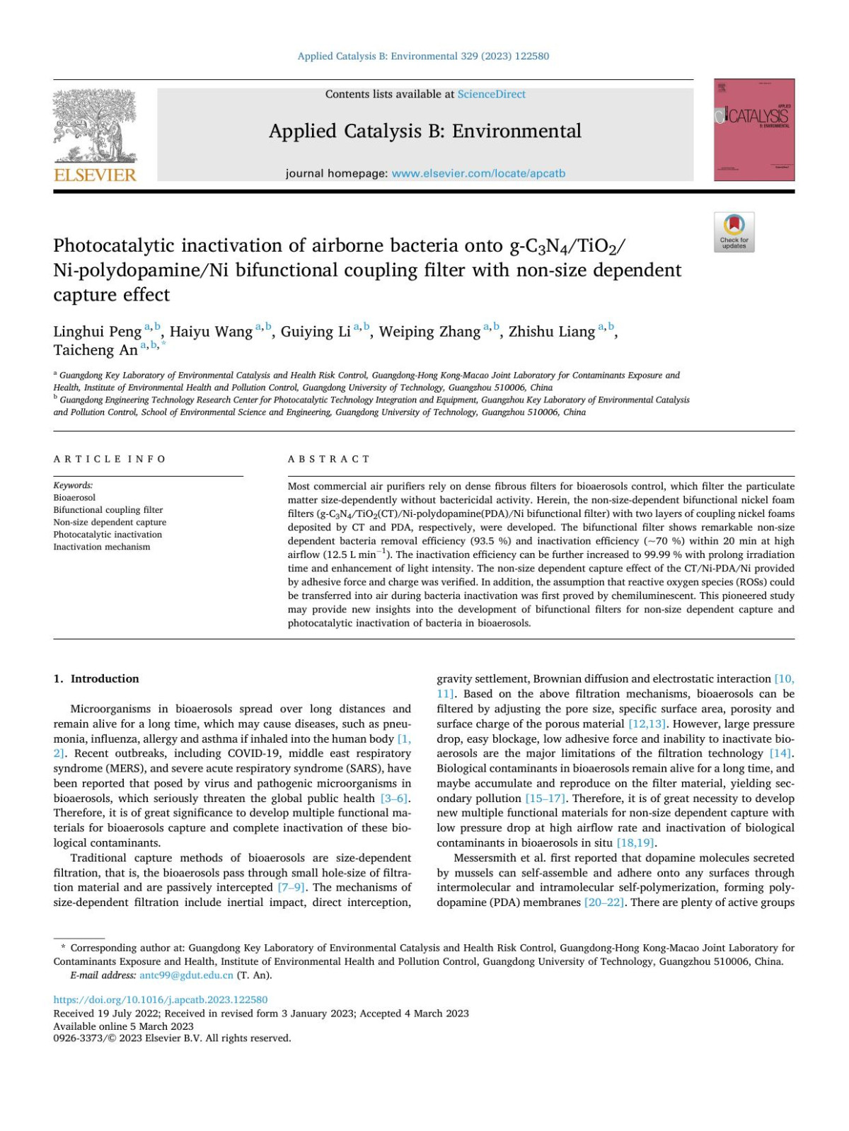 Photocatalytic Inactivation Of Airborne Bacteria Onto Gc3n4tio2nipolydopamineni Bifunctional Coupling Filter With Nonsize Dependent Capture Effect Linghui Peng