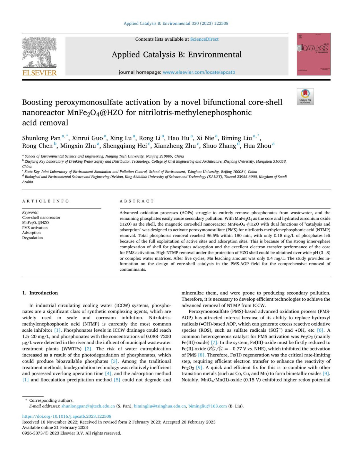 Boosting Peroxymonosulfate Activation By A Novel Bifunctional Coreshell Nanoreactor Mnfe2o4hzo For Nitrilotrismethylenephosphonic Acid Removal Shunlong Pan