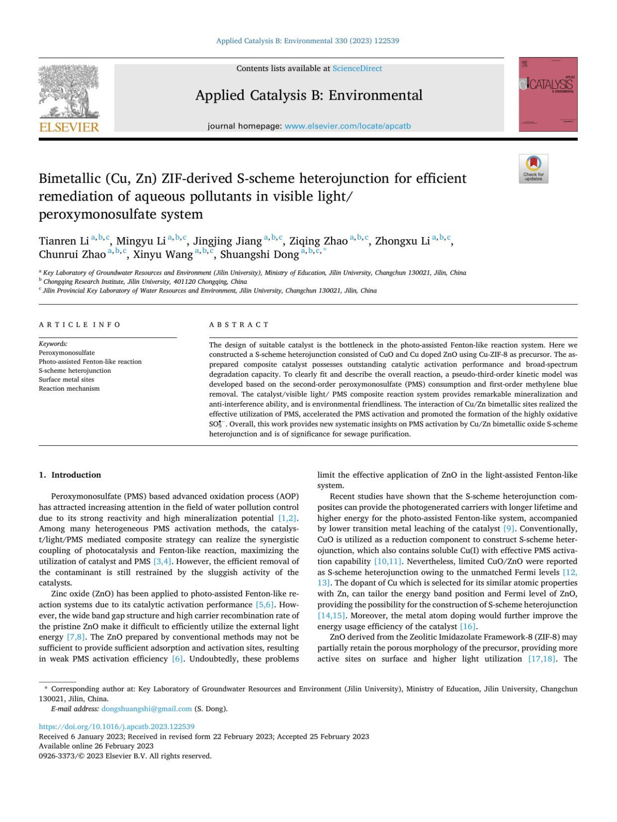 Bimetallic Cu Zn Zifderived Sscheme Heterojunction For Efficient Remediation Of Aqueous Pollutants In Visible Lightperoxymonosulfate System Tianren Li