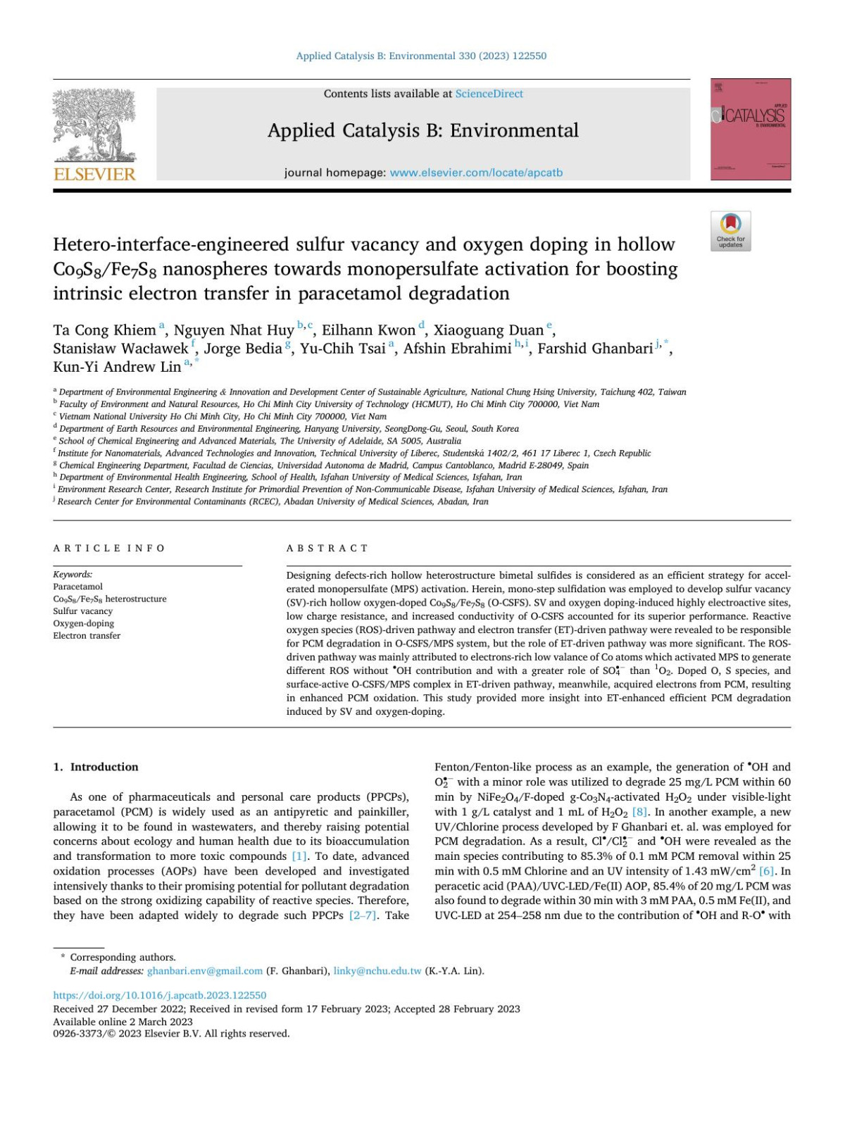 Heterointerfaceengineered Sulfur Vacancy And Oxygen Doping In Hollow Co9s8fe7s8 Nanospheres Towards Monopersulfate Activation For Boosting Intrinsic Electron Transfer In Paracetamol Degradation Ta Cong Khiem