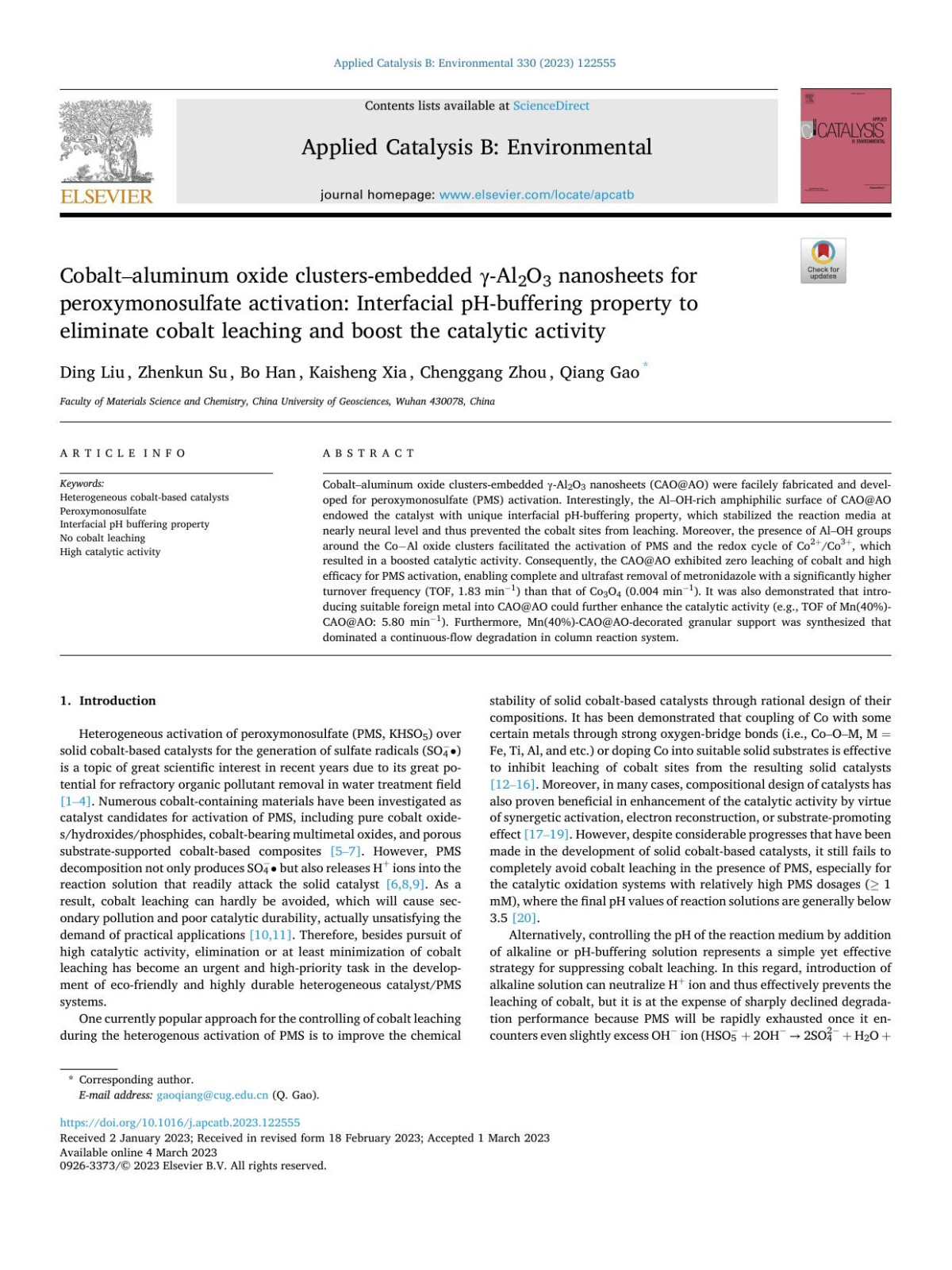 Cobaltaluminum Oxide Clustersembedded Al2o3 Nanosheets For Peroxymonosulfate Activation Interfacial Phbuffering Property To Eliminate Cobalt Leaching And Boost The Catalytic Activity Ding Liu
