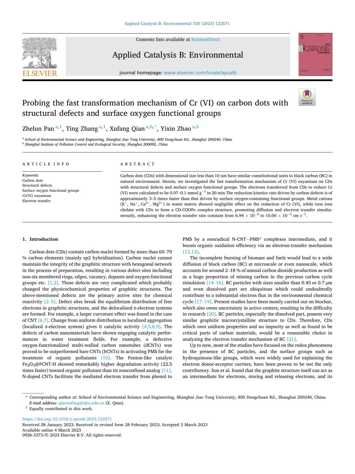 Probing The Fast Transformation Mechanism Of Cr Vi On Carbon Dots With Structural Defects And Surface Oxygen Functional Groups Zhelun Pan